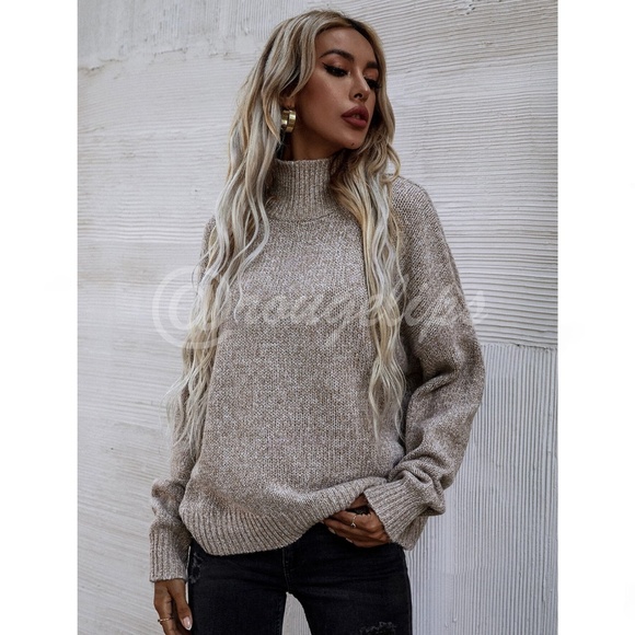 Khaki / Mocha Knit Turtleneck Pullover Sweater Long Sleeve - Picture 5 of 7